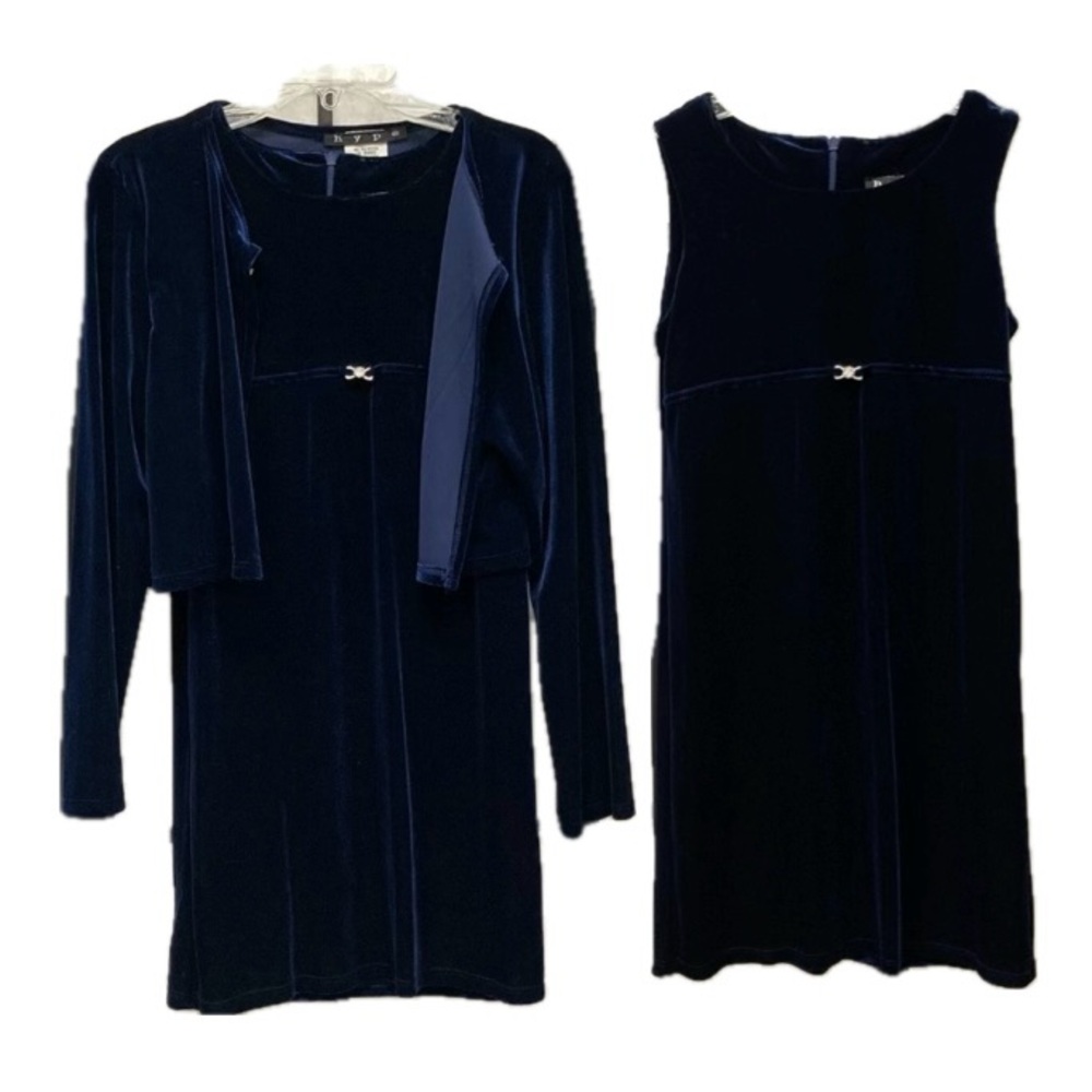 NWOT 2pc Girls “Hype” Navy velour dressy dress + jacket rhinestone detail sz 16